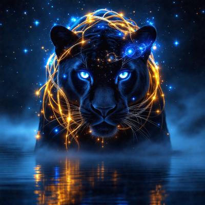 The primary subject of the image is a black panther with blue eyes, standing in a body of water. The setting is a nighttime scene with a starry sky in the background. The visual style is a digital art or illustration, creating a surreal and captivating atmosphere. The dominant colors are black, blue, and gold, with the panther's eyes being the most striking feature.